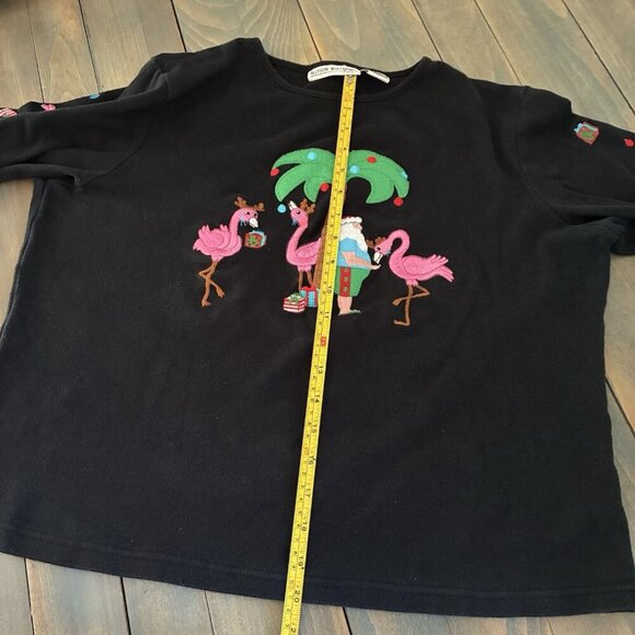 Vintage Flamingo Santa Palm Trees Ugly Christmas Sweater 3/4 Sleeve - P/L (XM9) - Picture 7 of 8
